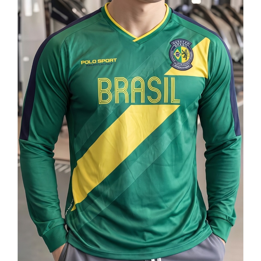 ⚽VTG Polo Sport Ralph Lauren Brasil Jersey Men XL Long Sleeve Green Soccer Y2K